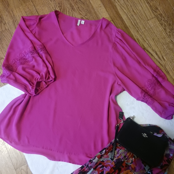 Cato • Women's Magenta Pink High-Low Puff Sleeve Tunic Top - Picture 14 of 14